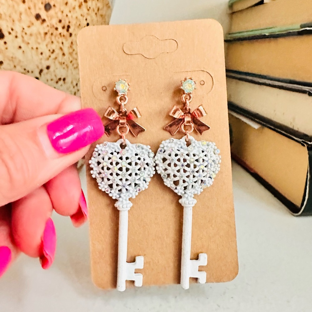Betsey Johnson White Heart Key Earrings with Pink Bows